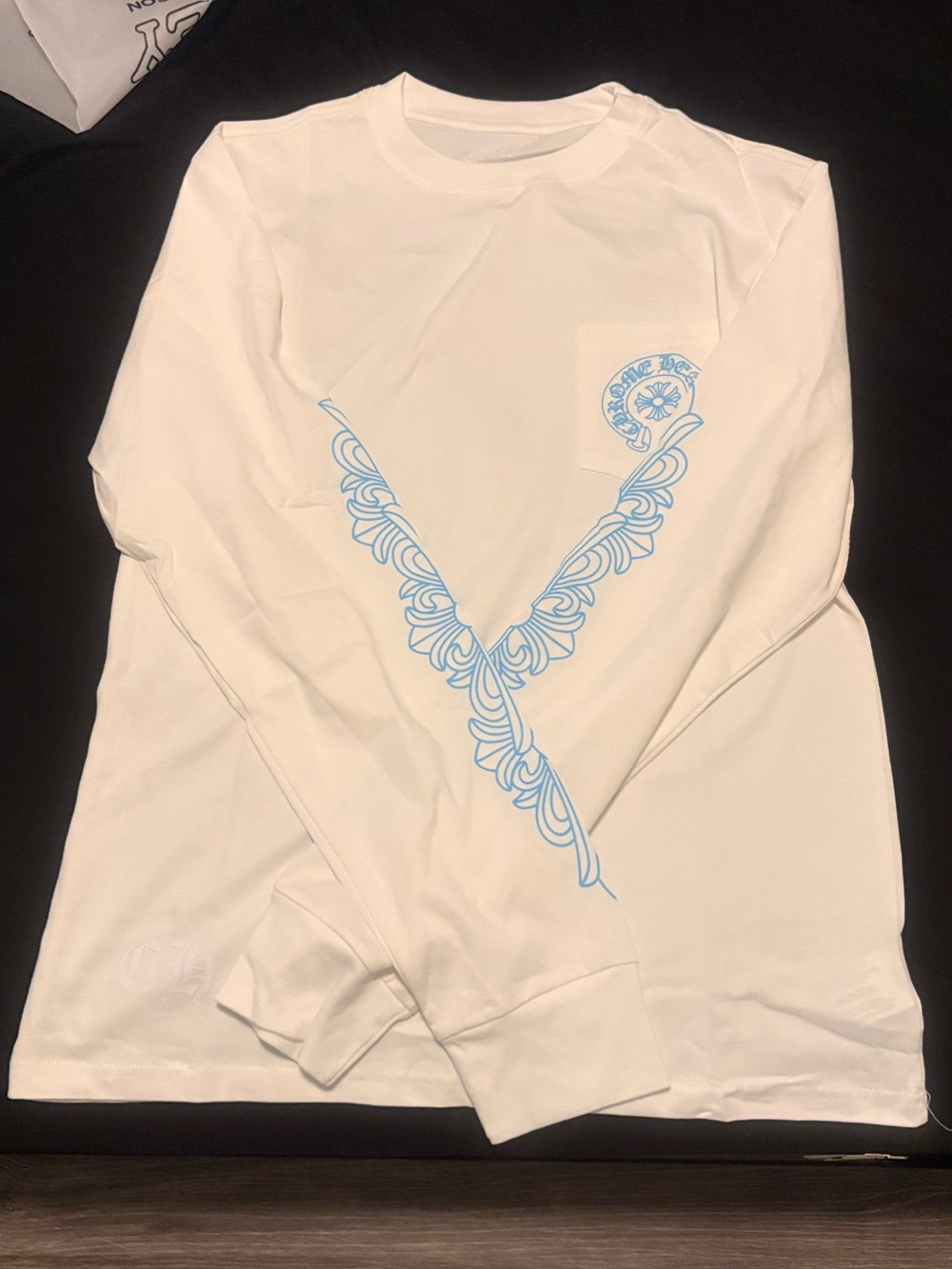 Chrome Hearts White Long Sleeve Tee with Light Blue Graphic